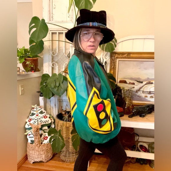 Vintage 1980’s Michael Hoban Hobo Stop Light USA Leather Jacket In Living Color - Picture 6 of 14